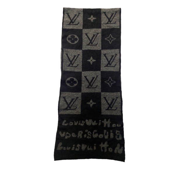 Louis Vuitton LV Gray & Black Monogram Damier Logomania Scarf Pre-Owned - Picture 7 of 14